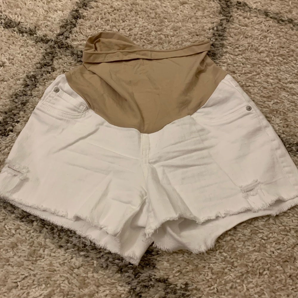 White distressed maternity shorts